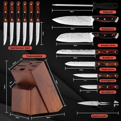 Kokkeknivsett – 15 Kniver med Knivholder