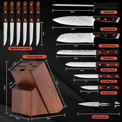 Kokkeknivsett – 15 Kniver med Knivholder
